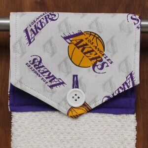 L.A. LAKERS PRINT PURPLE & WHITE HANDMADE HANGING KITCHEN TOWEL WHITE HAND TOWEL